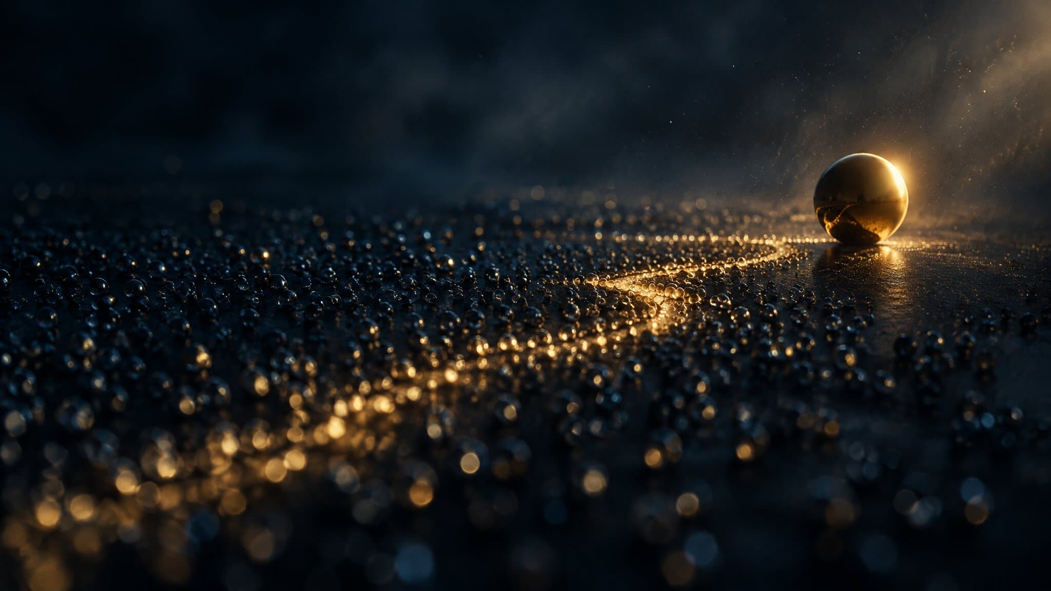 Hundreds of dim beads with a gold path ending at one polished sphere