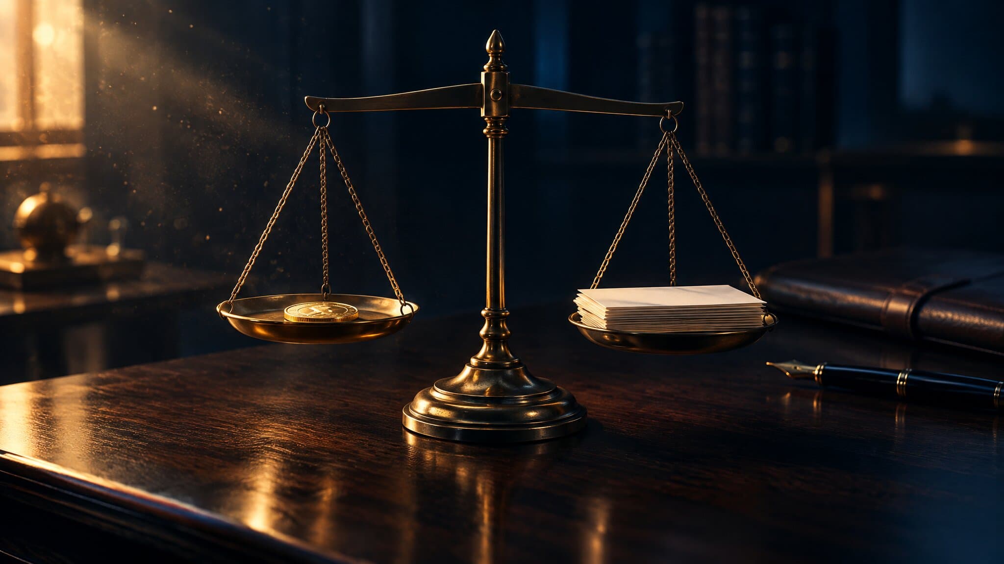 Brass scale weighing a gold coin against a stack of blank intake forms