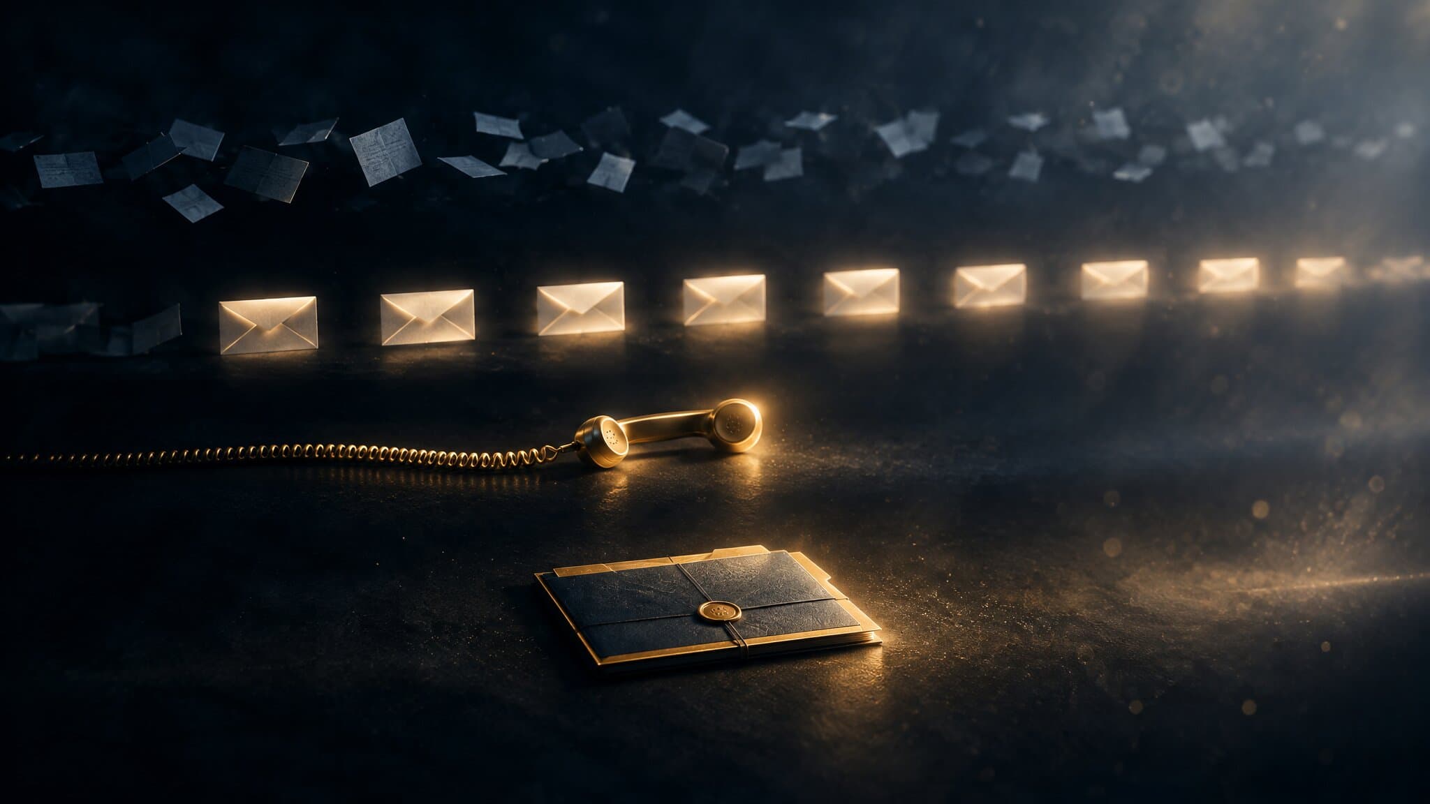 Four lanes of light from dim paper cards to a single sealed gold folder