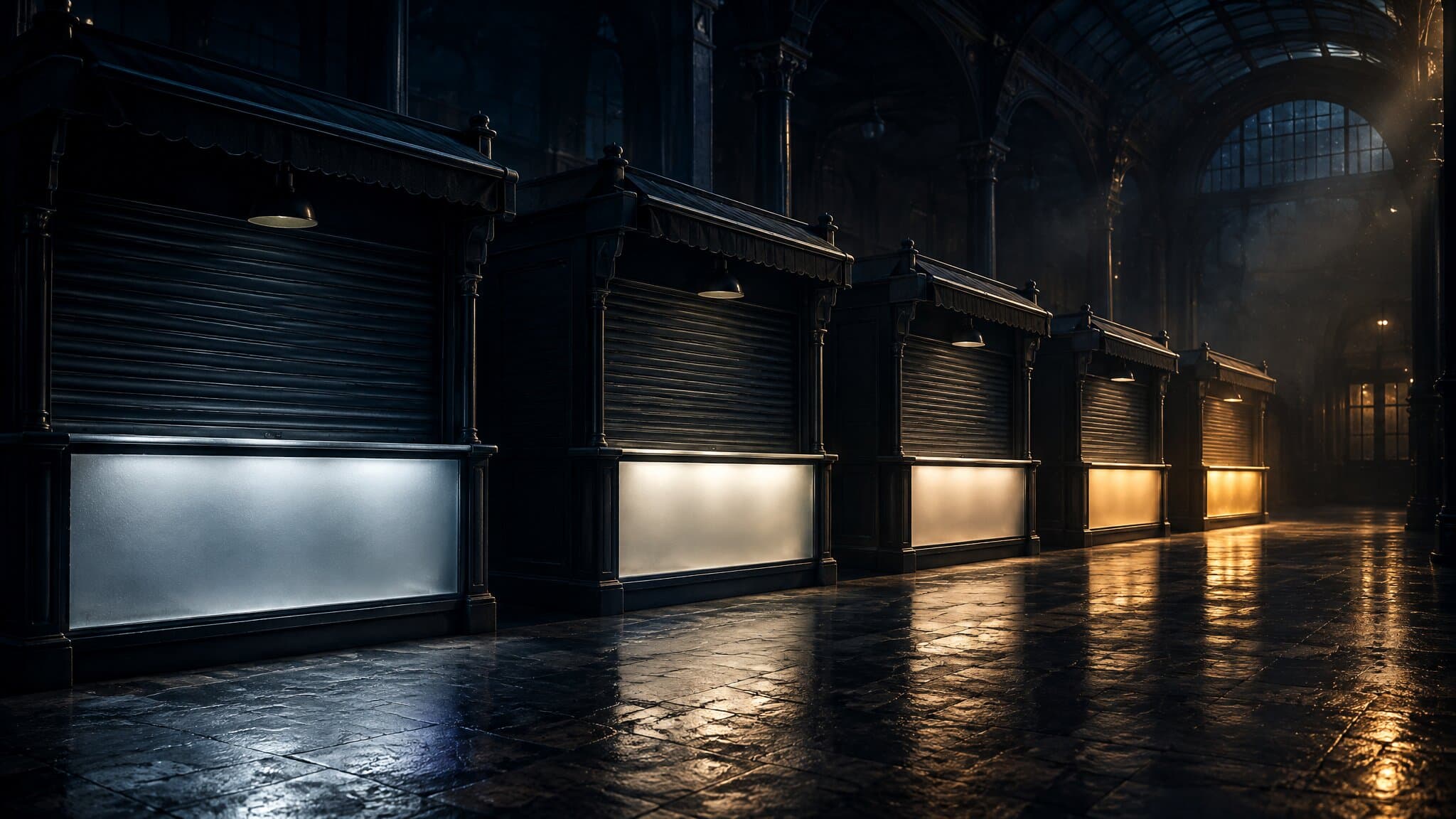 Row of closed vendor counters in an empty hall, one lit warm gold
