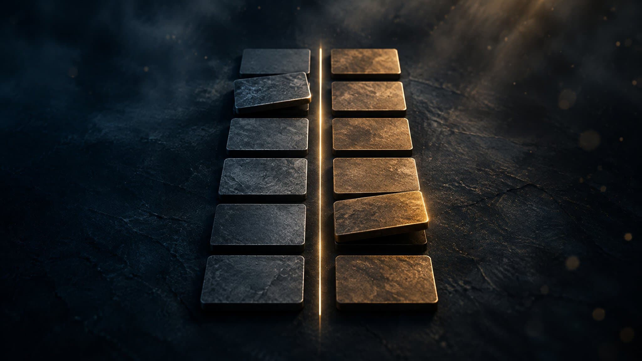 Two columns of blank stone tiles, grey and gold, divided by a line of light