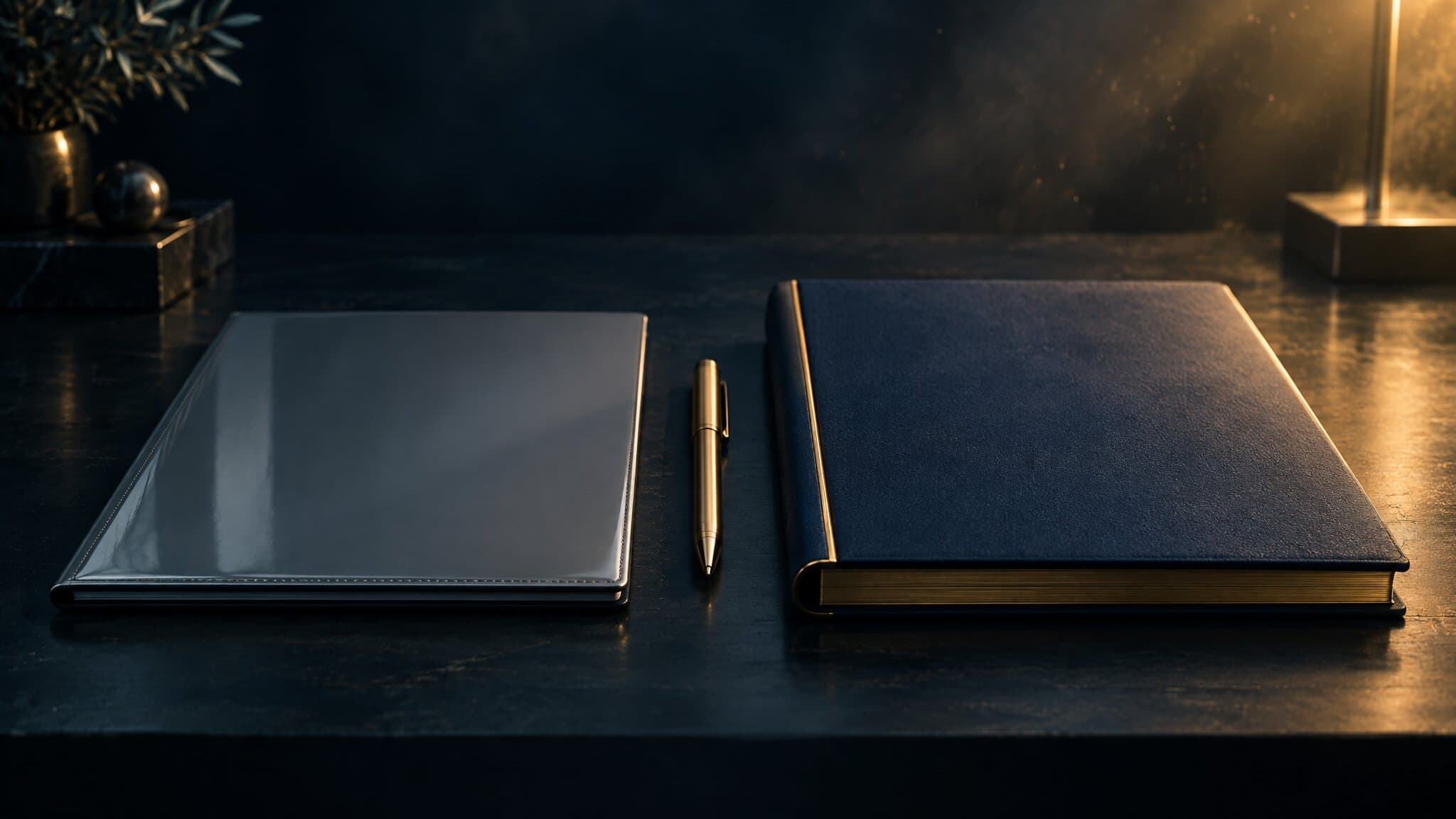 Two closed presentation folios side by side with a brass pen between them