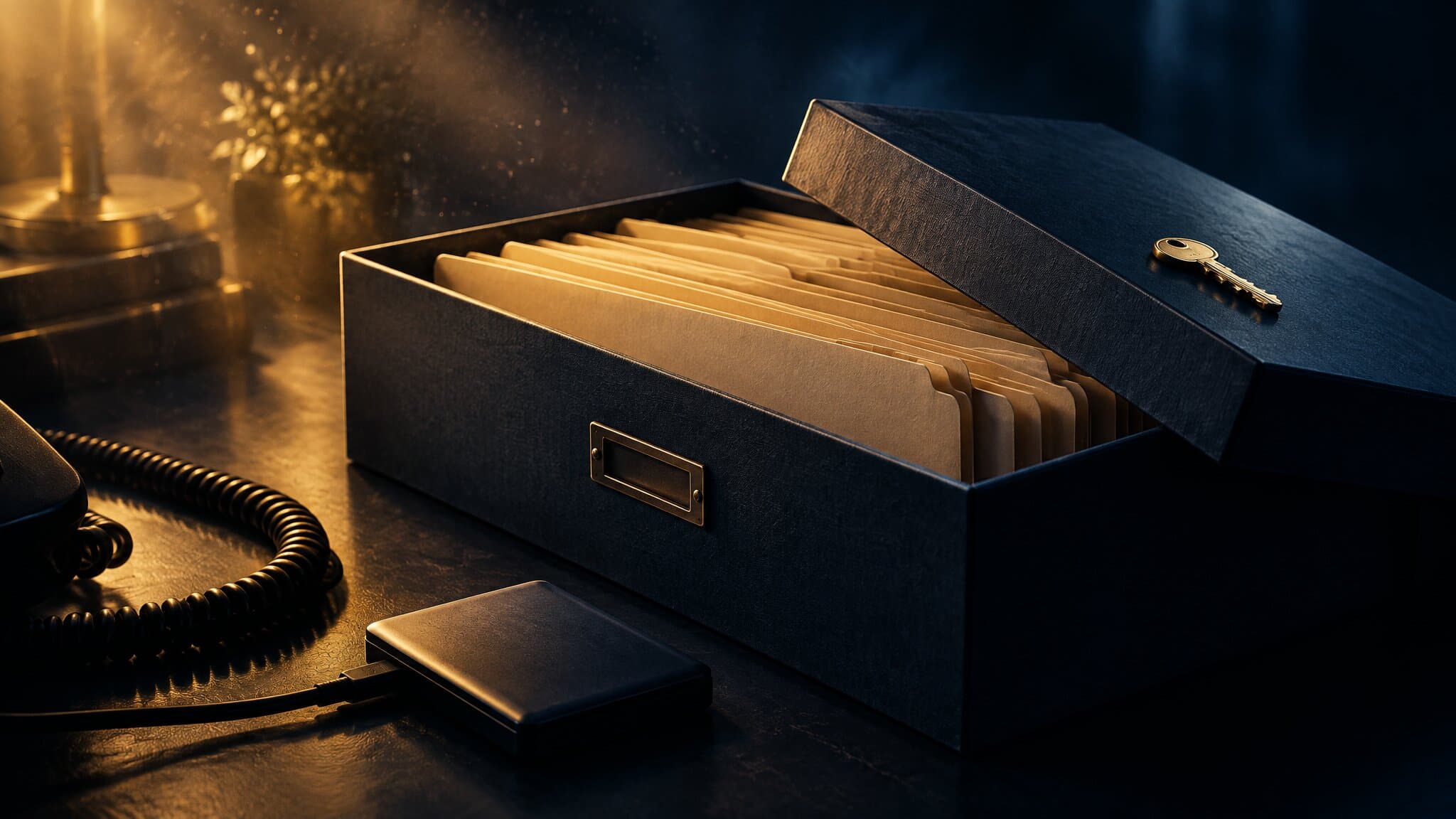 Open archive box of blank folders with a brass key on the lid