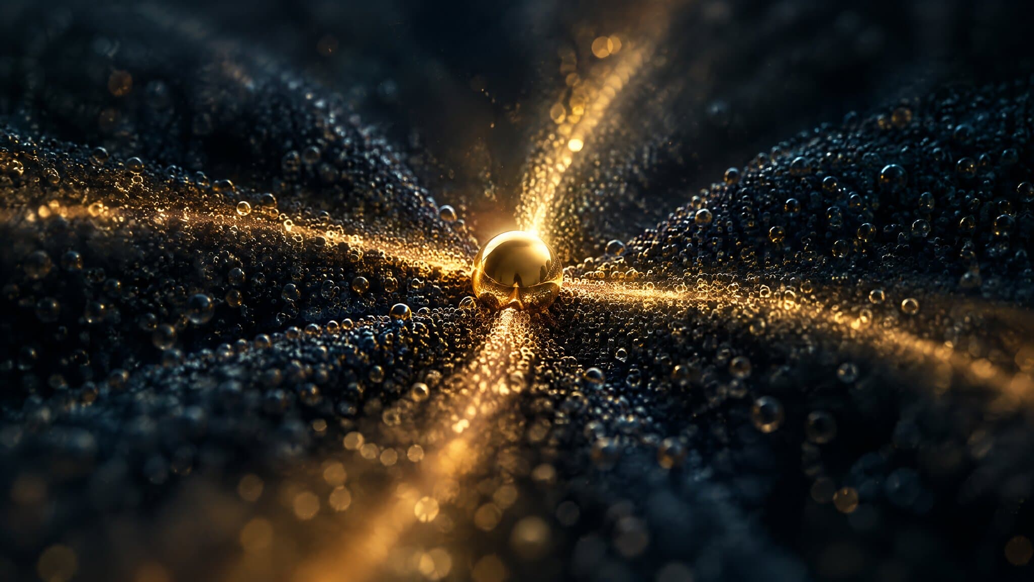 Gold streams converging on one sphere, representing marketing channels feeding qualified leads