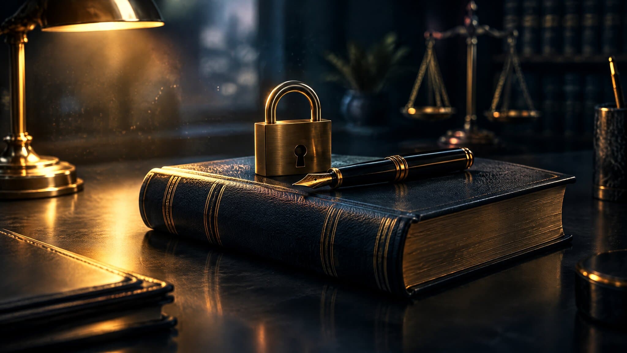 Legal code book with a padlock and pen, representing TCPA consent and compliance