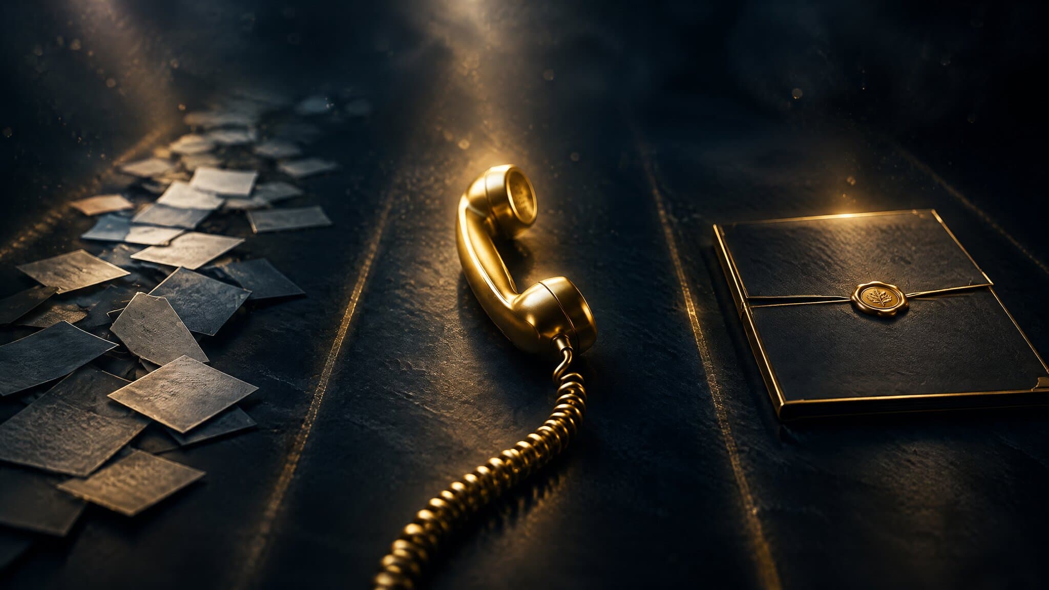 Paper leads, a gold phone handset, and a sealed folder representing web leads, live transfers, and signed cases