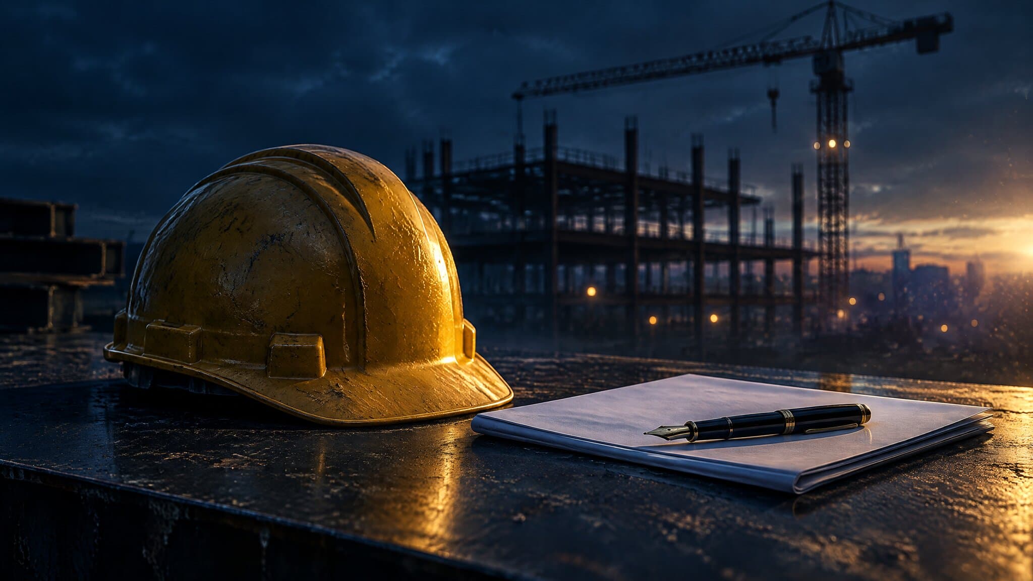 Hard hat and blank claim form at a construction site, representing an injured worker's compensation claim
