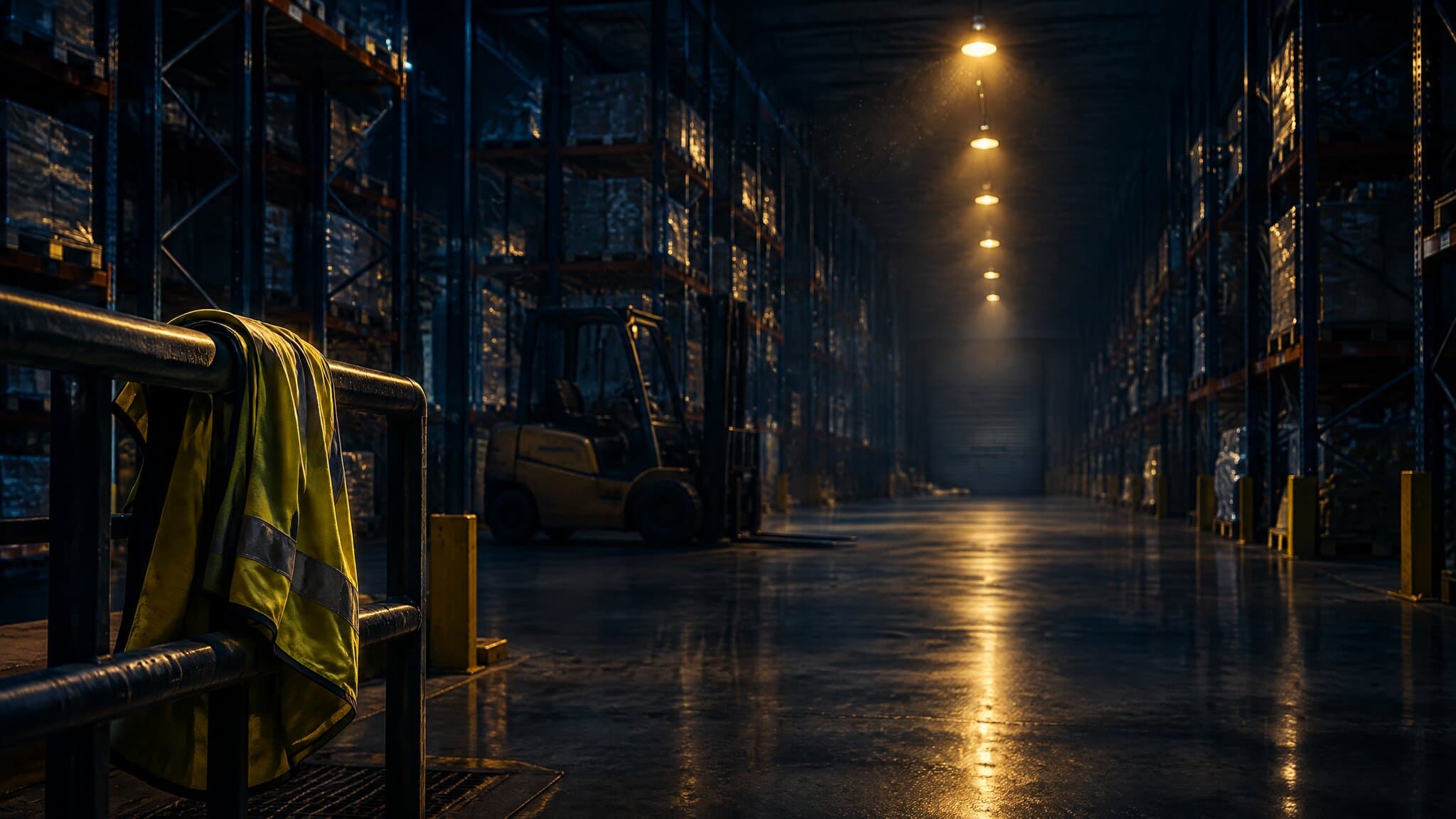 Empty warehouse with pallet racking and a safety vest, where many workplace injury claims begin