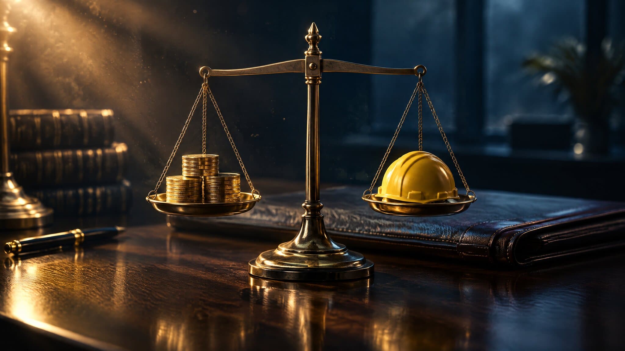 Brass scale weighing gold coins against a hard hat, representing workers' comp lead cost versus case value