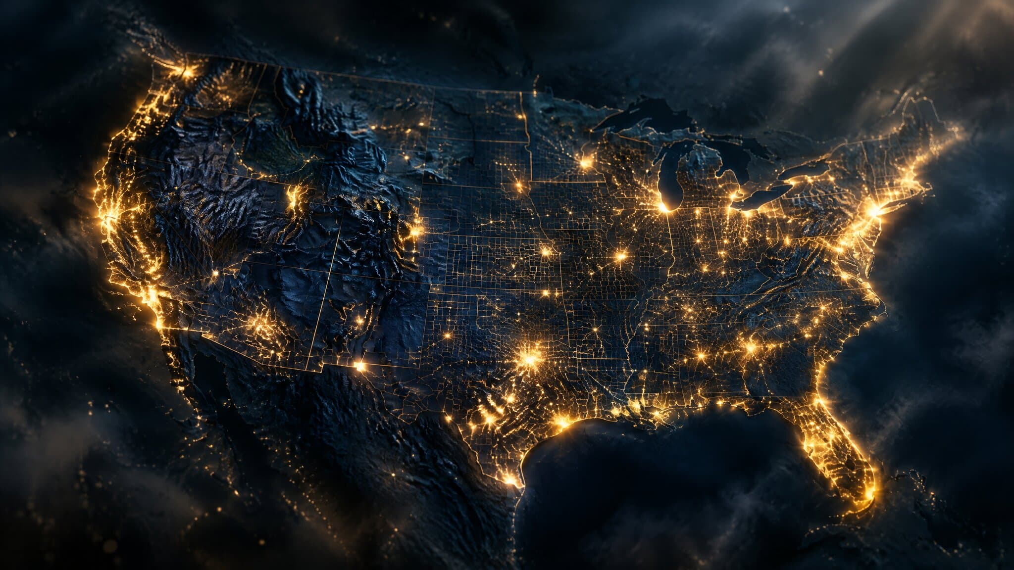 Night map of the United States with glowing regions, representing state and county lead targeting