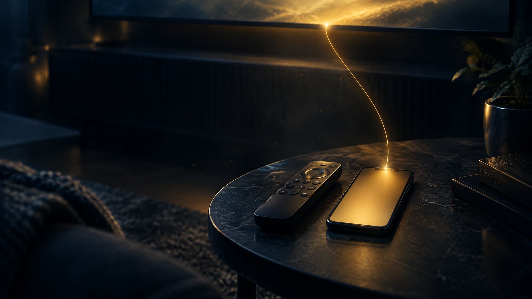 Smart TV remote and phone with matching gold glow joined by a light thread