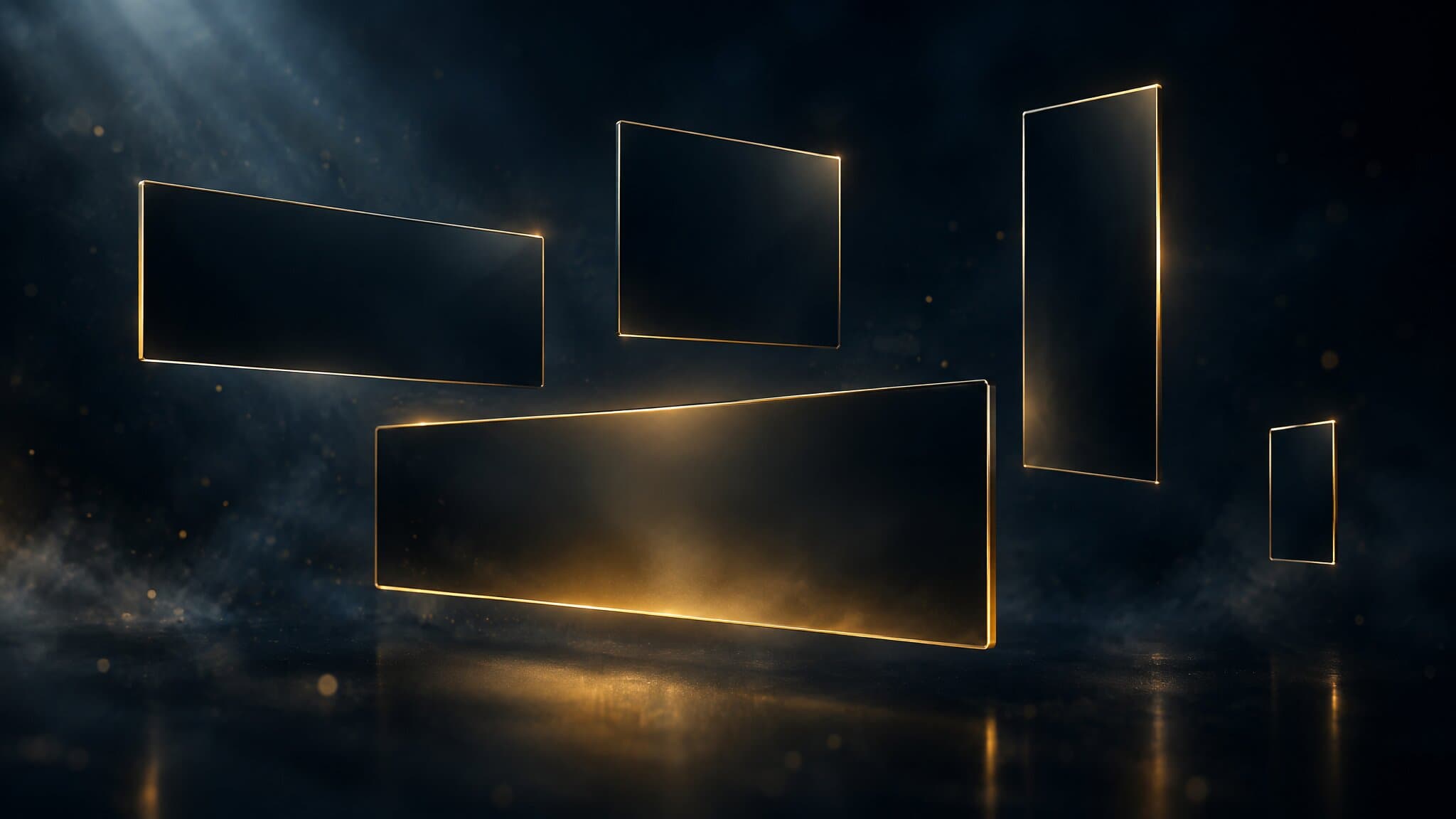 Five dark glass panels of different proportions edge-lit in gold