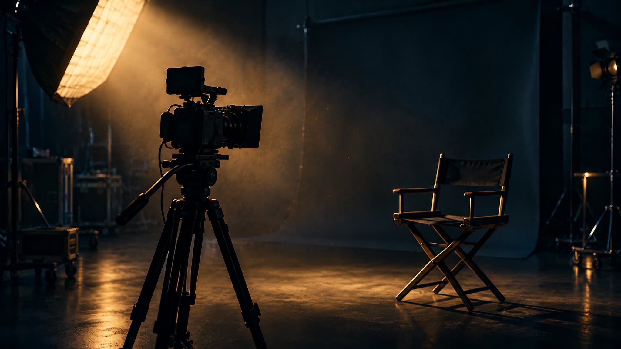 Camera on a tripod in a dim studio lit by a single warm softbox