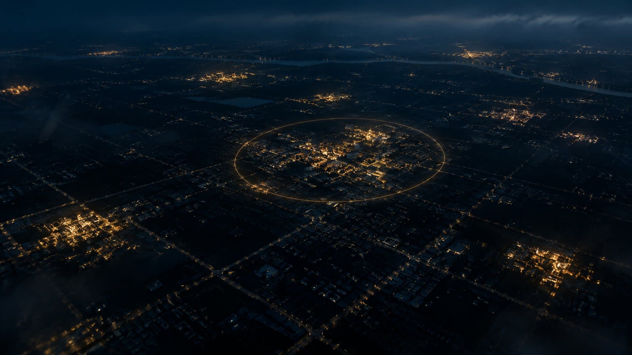 Aerial city grid at night with a ring of light around a few lit blocks