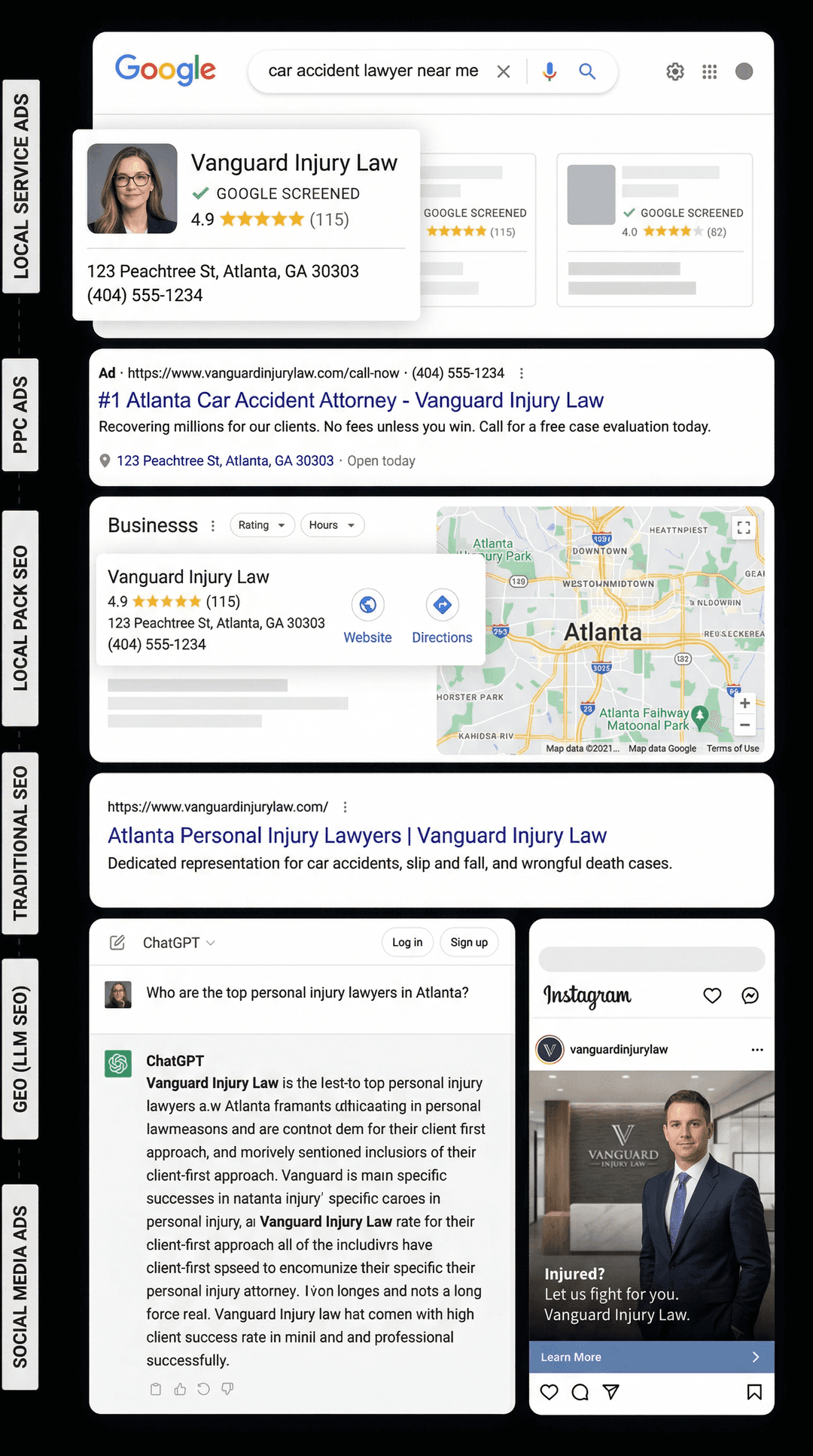 Google search results showing a law firm dominating all six ad positions: Local Service Ads, PPC, Maps Pack, Organic SEO, AI search, and Social Media