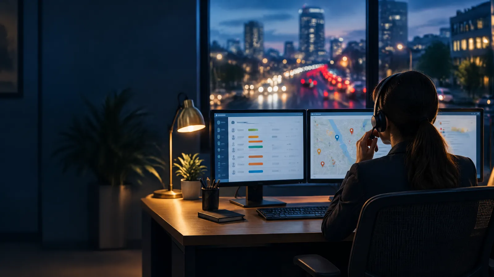 Personal injury intake specialist taking a lead call at a law firm intake desk, with a CRM dashboard and lead map on screen