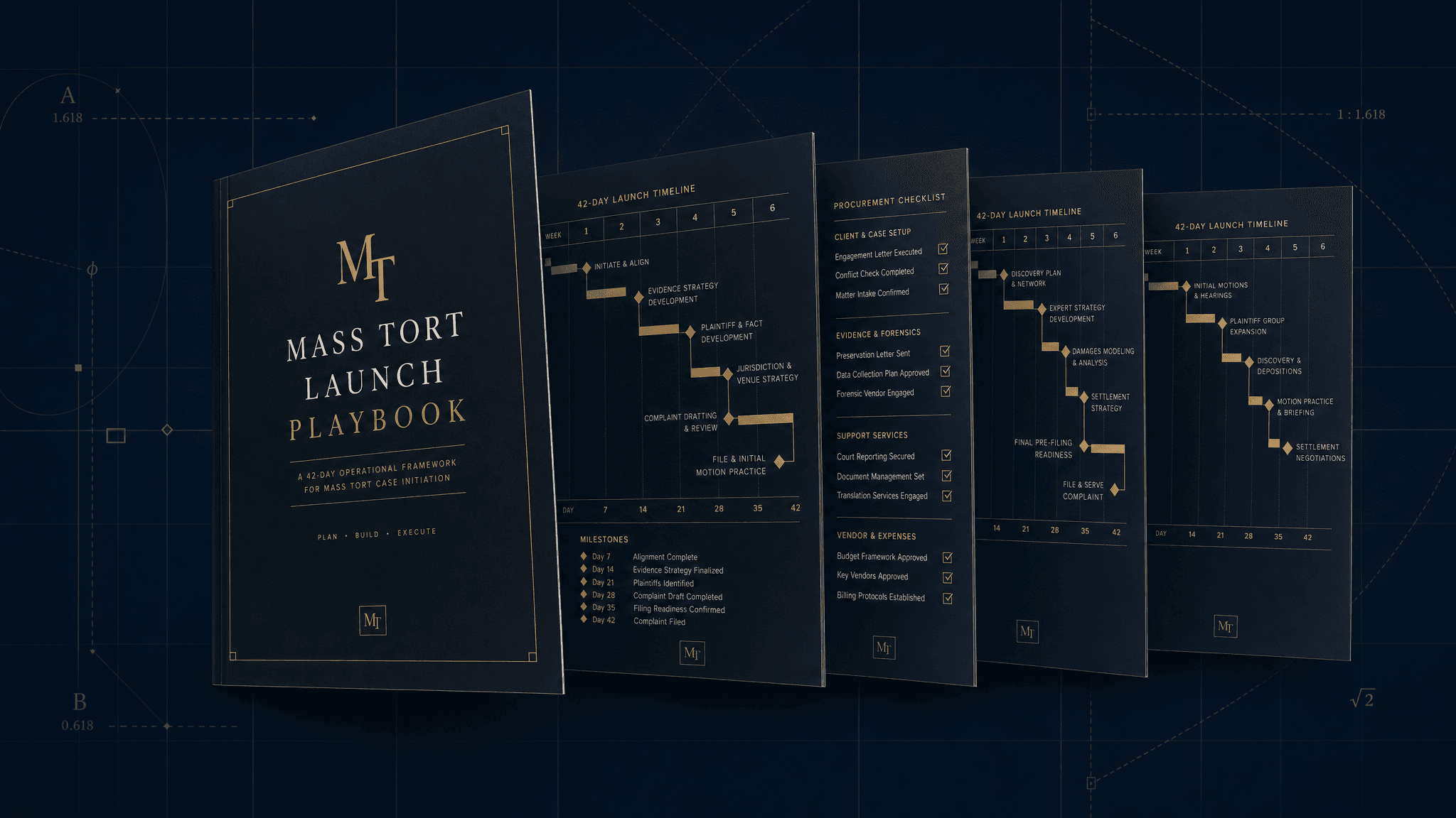 Mass Tort Launch Playbook PDF cover with 42-day operational checklist for plaintiff firms launching a new mass tort campaign